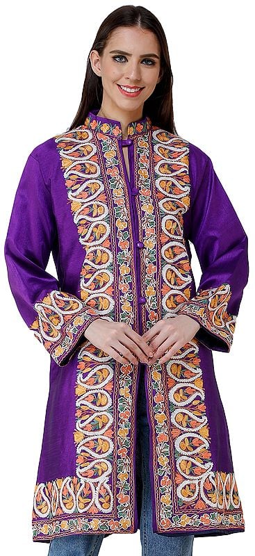 Royal-Purple Long Silk Jacket from Kashmir with Chain-stitch Embroidered Paisleys and Flowers