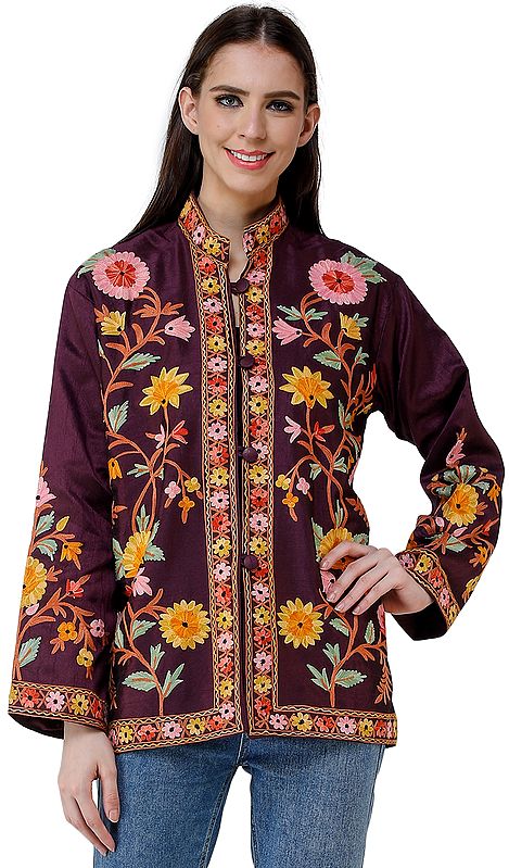 Purple-Potion Silk Jacket from Kashmir with Vibrant Chain-stitch Embroidered Flowers