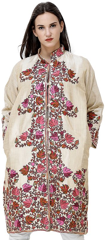 Pearled-Ivory Long Silk Jacket from Kashmir with Chain stitch Embroidered Chinar Leaves