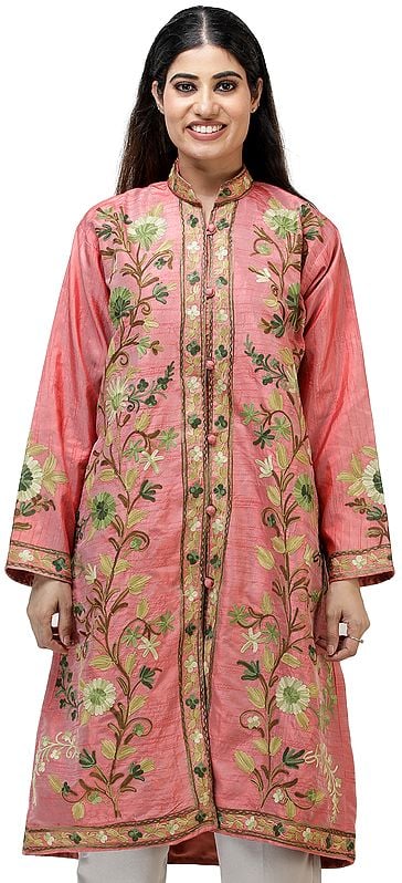 Peach-Blossom Long Silk Jacket from Kashmir with Chain-stitch Embroidered Flowers