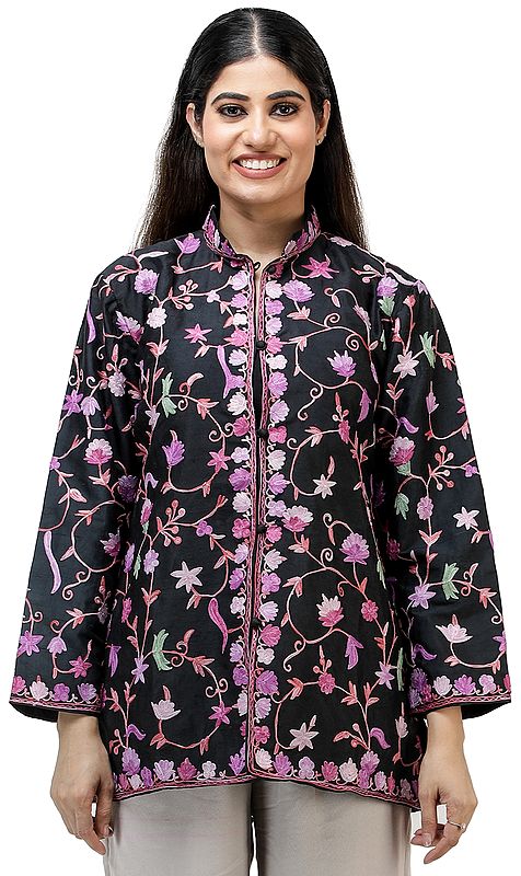 Black-Sand Jacket from Kashmir with Vibrant Chain-stitch Embroidered Flowers