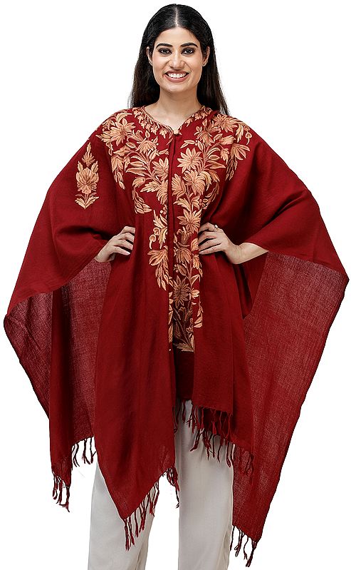 Red-Dahlia Woolen Cape from Kashmir with Aari Hand-Embroidered Flowers