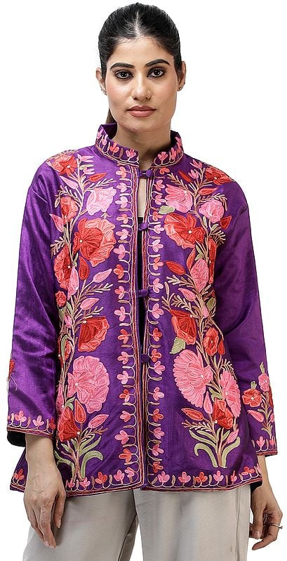 Royal-Purple Silk Jacket from Kashmir with Chain-stitch Embroidered Big Flowers