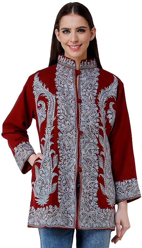 Winery-Red Jacket from Kashmir with Heavy Chain-stitch Embroidery