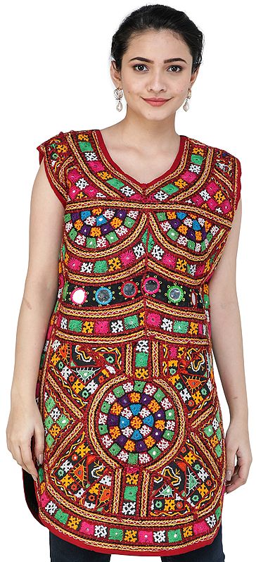 Savvy-Red Long Embroidered Top From Kutch with Mirror Work