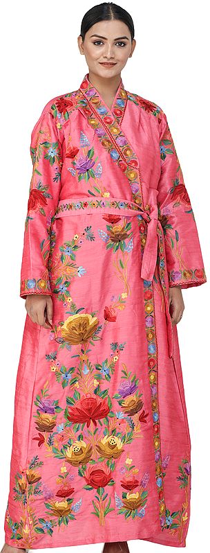 Kashmiri Robe with Aari Embroidered  Multicolored Flowers