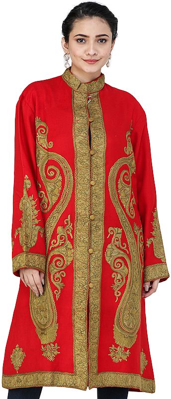 Ribbon-Red Chain-Stitch Long Jacket from Kashmir with Hand-Embroidered Giany Paisleys