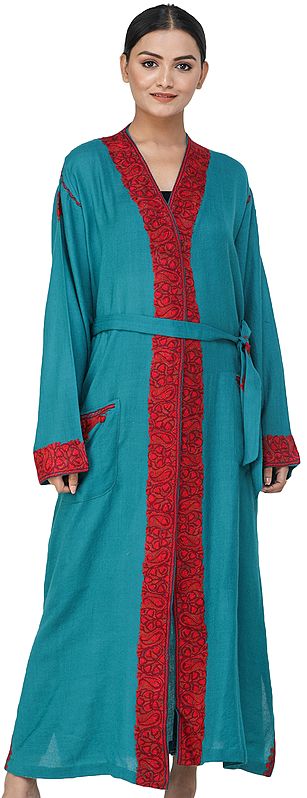 Deep-Lake Kashmiri Robe with Aari Hand-Embroidered Paisleys