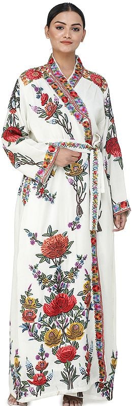 Winter-White Kashmiri Robe with Aari Hand-Embroidered Multicolored Flowers