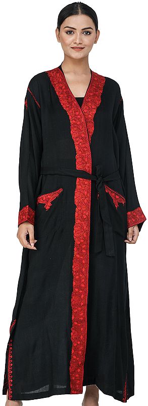 Caviar-Black Kashmiri Robe with Aari Hand-Embroidered Paisleys