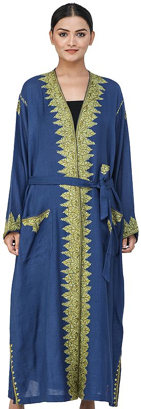 Riverside-Blue Kashmiri Robe with Aari Hand-Embroidered Floral Vines