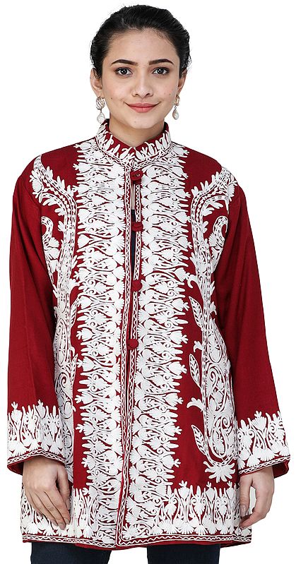 Rythmic-Red Jacket from Kashmir with Heavy Chain-stitch Embroidery