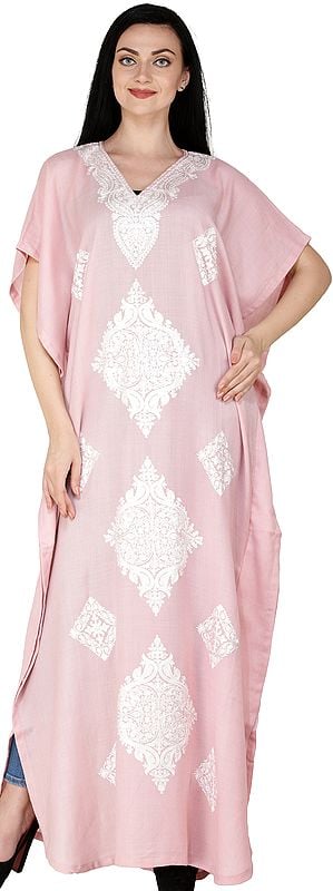 Coral-Blush Kaftan from Kashmir with Aari Embroidered White Flowers and Vines
