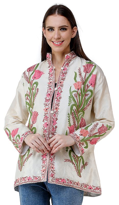 White-Swan Silk Jacket from Kashmir with Vibrant Chain-stitch Embroidered Tulips