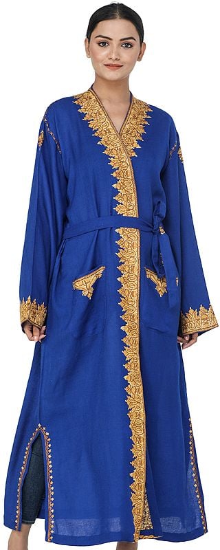 Turkish-Blue Kashmiri Robe with Aari Hand-Embroidered Flowers