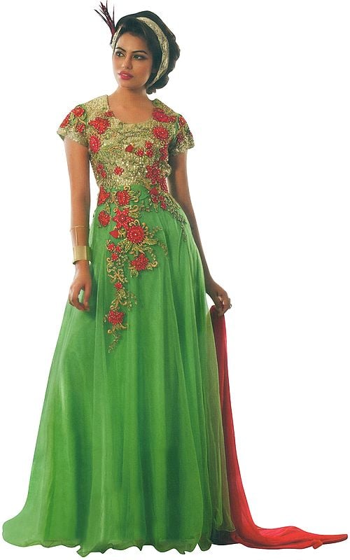 Summer-Green Embroidered Long Dress with Sequins and Red Dupatta