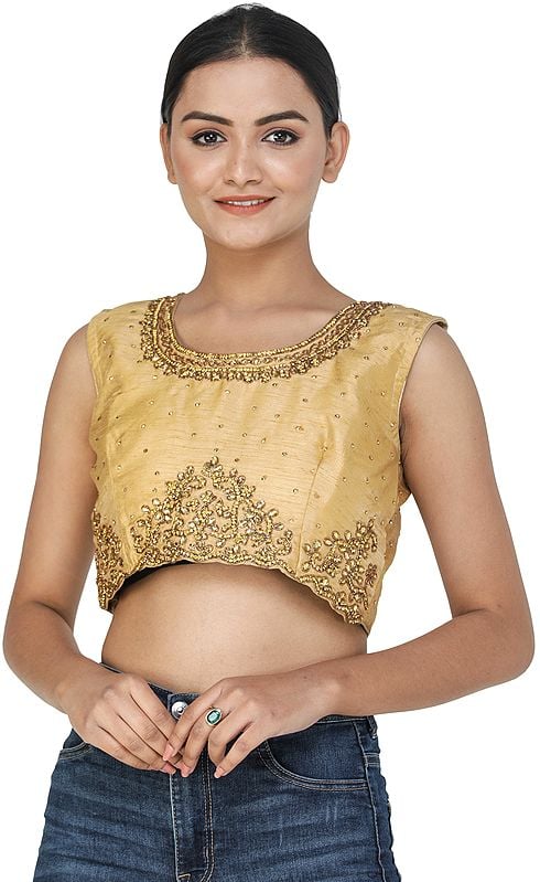 Pale-Gold Designer Choli from Jodhpur with Studded Stones and Beads