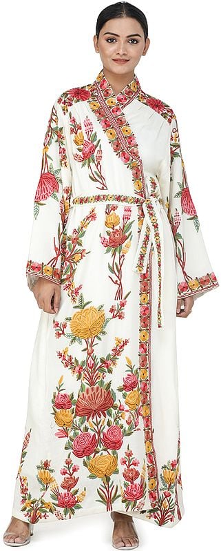 Papyrus-White Kashmiri Robe with Aari Hand-Embroidered Multicolored Flowers