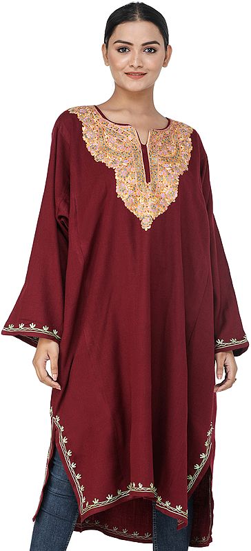 Phiran from Kashmir with Aari Embroidered Multicolor Flowers on Neck