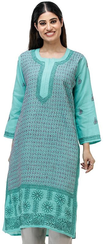 Electric-Green Long Kurta Top/Kameez from Lucknow with Chikan Hand-Embroidery