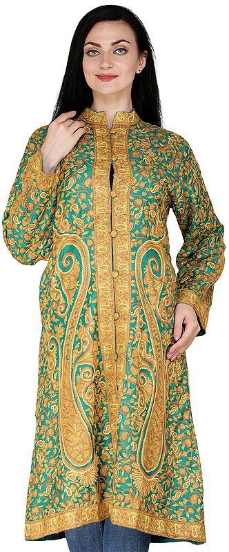 Green-Tambourine Kashmiri Long Jacket with All-Over Hand-Embroidered Paisleys