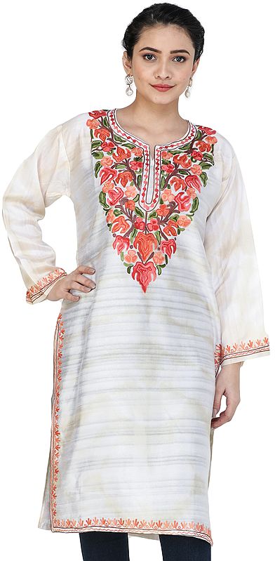 Silk Phiran from Kashmir with Aari Embroidere Flowers on Neck