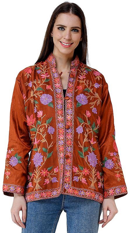 Copper-Brown Silk Jacket from Kashmir with Vibrant Chain-stitch Embroidered Flowers