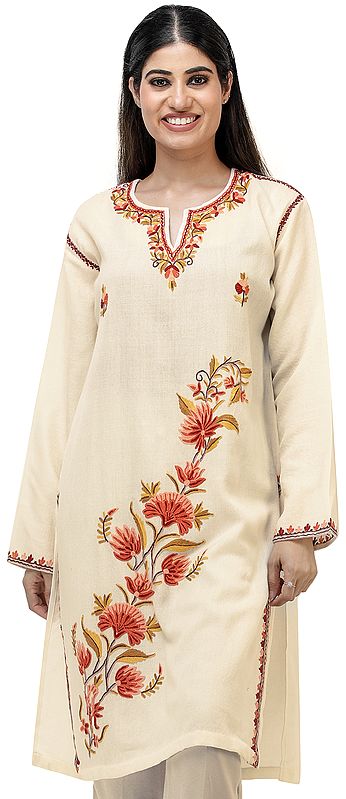 Short Phiran from Kashmir with Hand-Embroidered Flowers