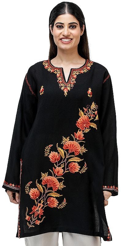 Short Phiran from Kashmir with Hand-Embroidered Flowers