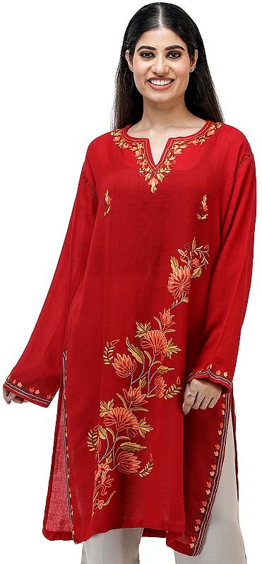 Short Phiran from Kashmir with Hand-Embroidered Flowers