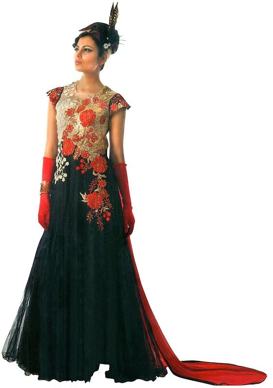 Caviar-Black Embroidered Long Suit with Zari Gota-Patti and Red Dupatta