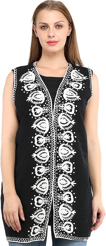 Phantom-Black Sleeveless Jacket from Amritsar with Chain Stitch Embroidery