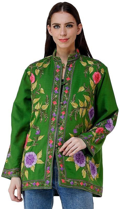 Lime-Green Short Jacket from Kashmir with Embroidered Paisleys