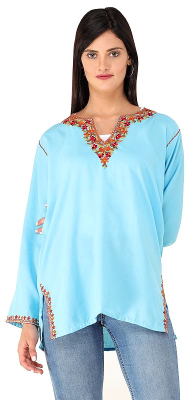 Short Cotton Kurti from Kashmir with Embroidered Flowers