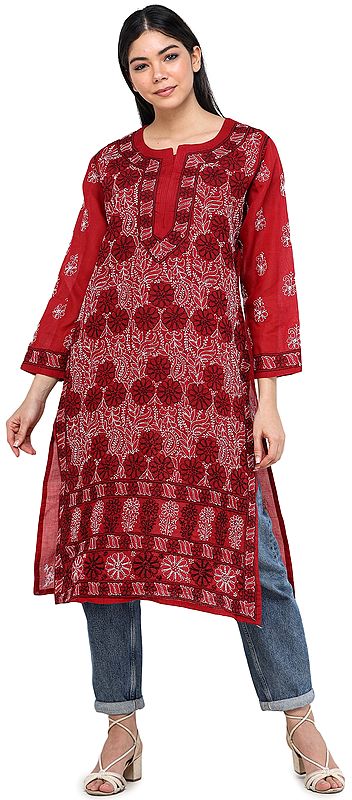 Savvy-Red Long Kurta Top/Kameez from Lucknow with Chikan Embroidery
