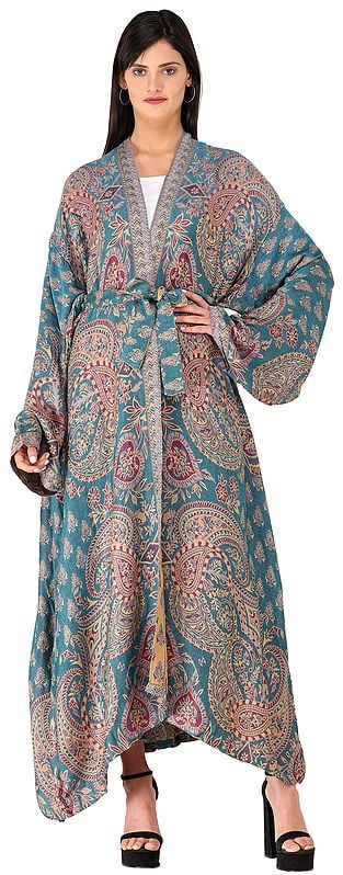 Crystal-Teal Reversible Jamawar Robe with Floral and Paisley Motifs