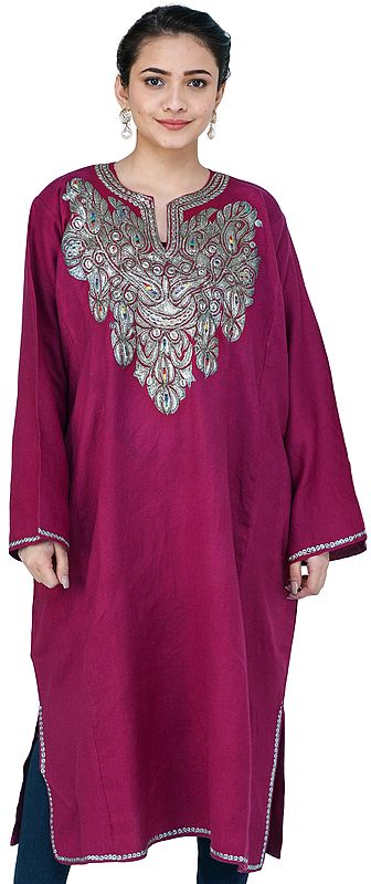 Raspberry-Radiance Phiran from Kashmir with Zari Embroidery on Neck and Borders