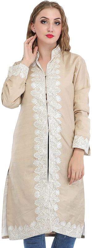 Shifting-Sand Pure Silk Jacket from Srinagar with Aari Embroidery