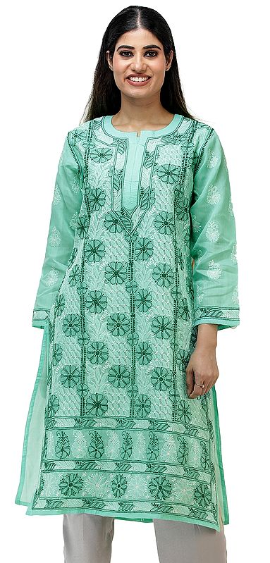 Opal-Green Long Kurta Top / Kameez  from Lucknow with Chikan Hand-Embroidery