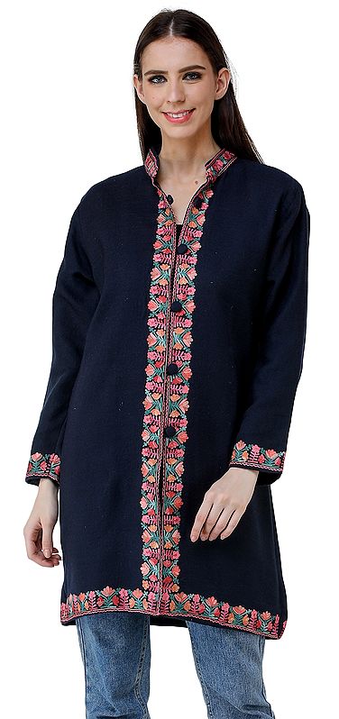 Baritone-Blue Long Jacket from Kashmir with Chain Stitch Embroidered Multi-colored Flowers