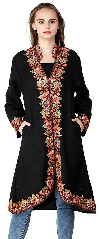 Jet-Black Long Jacket from Kashmir with Chain Stitch Hand-Embroidered Multi-colored Flowers and Vines