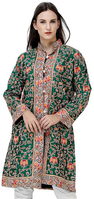 Amazon-Green Jacket from Amritsar with Embroidered Flowers All-Over