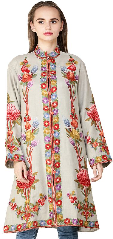 Pussywillow-Gray Long Jacket from Srinagar with Aari-Embroidered Multicolor Flowers by Hand