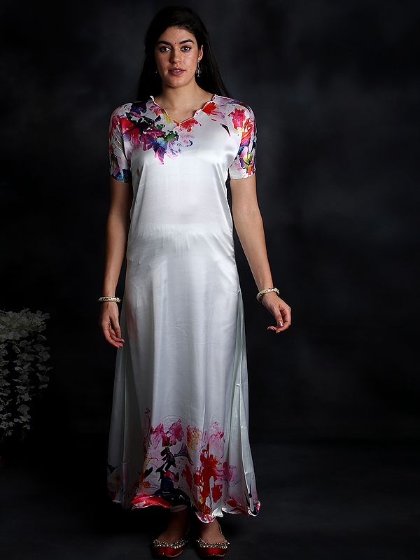 Double-Cream Digital-Printed Long Gown from Kashmir with Giant Flower