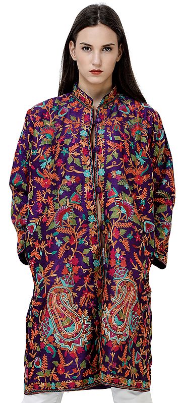 Majesty  Long Jacket from Amritsar with Aari-Embroidered Multicolor Flowers All-Over
