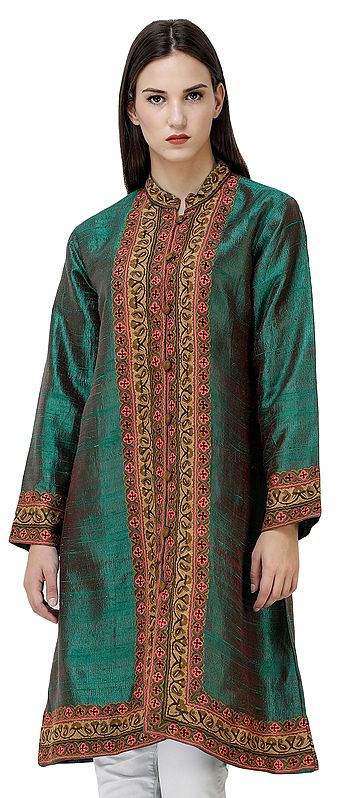Bosphorus-Green Long Jacket from Srinagar with Aari-Embroidered Flowers by Hand