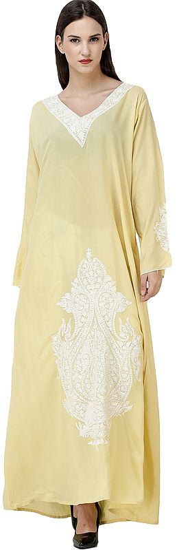 Lemon-Grass Long Gown from Kashmir with Aari-Embroidery