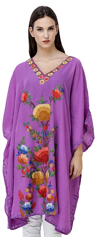 Dewberry Short kashmiri Kaftan with Embroidered Flowers in Multicolor Thread