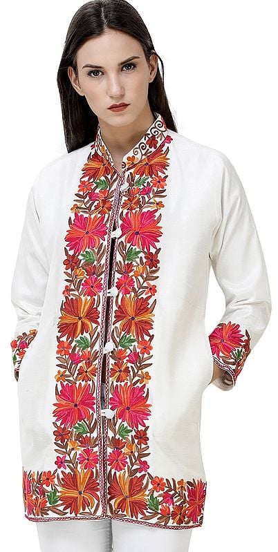 Snow-White Short Kashmiri Jacket with Aari-Embroidered Multicolor Flowers