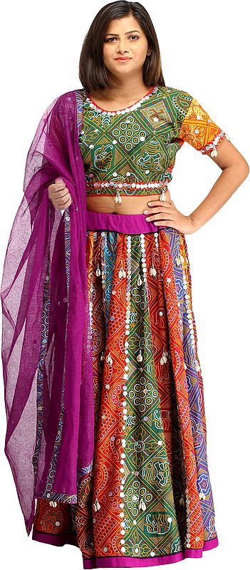 Multi-Colored Ghagra Choli From Rajasthan with Chunri Print and Hanging Cowries